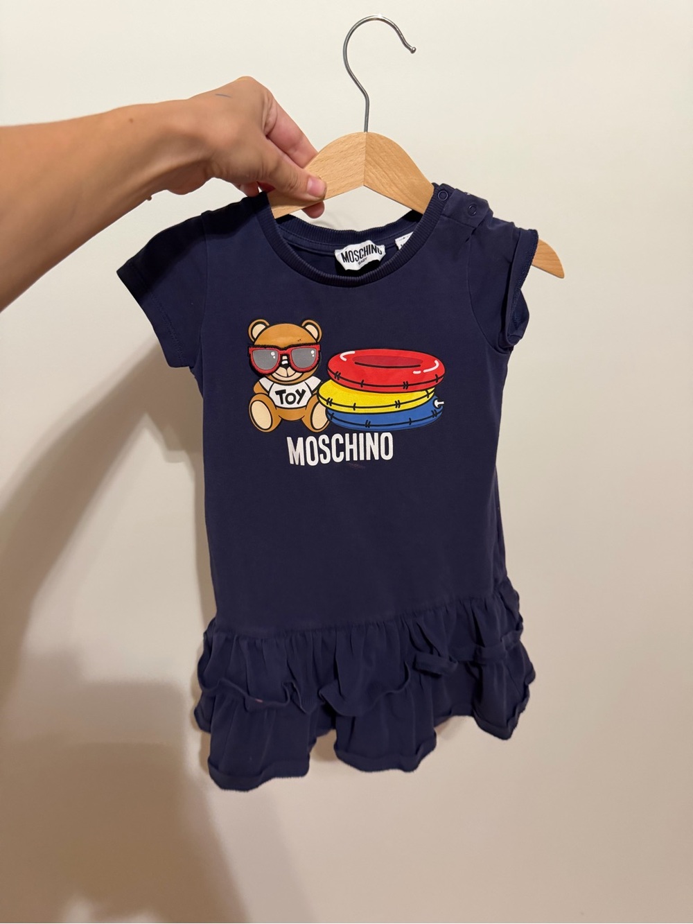 Moschino Navy Baby Dress with Teddy and Colorful Float Ring Graphic Toddler